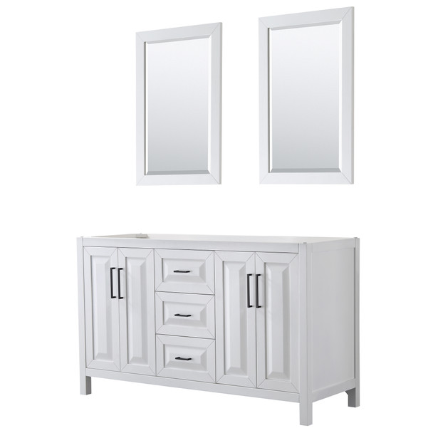 Daria 60 Inch Double Bathroom Vanity In White, No Countertop, No Sink, Matte Black Trim, 24 Inch Mirrors