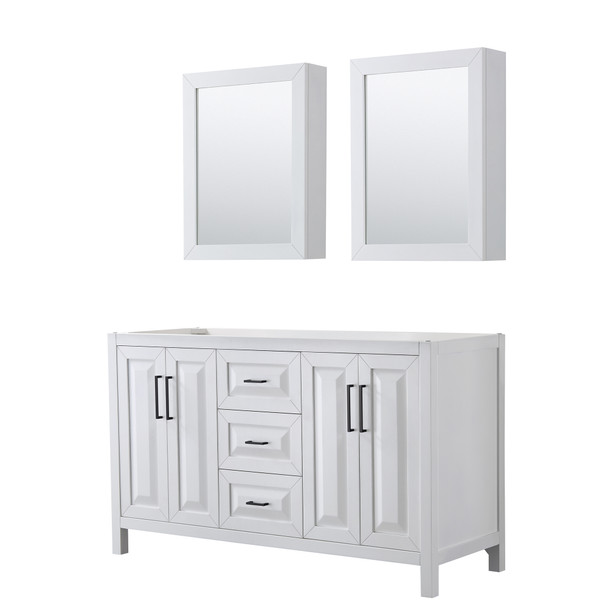 Daria 60 Inch Double Bathroom Vanity In White, No Countertop, No Sink, Matte Black Trim, Medicine Cabinets