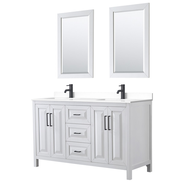 Daria 60 Inch Double Bathroom Vanity In White, White Cultured Marble Countertop, Undermount Square Sinks, Matte Black Trim, 24 Inch Mirrors
