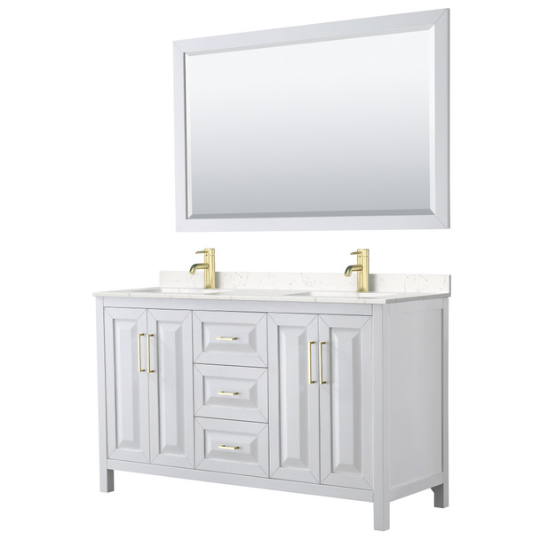 Daria 60 Inch Double Bathroom Vanity In White, Carrara Cultured Marble Countertop, Undermount Square Sinks, 58 Inch Mirror, Brushed Gold Trim