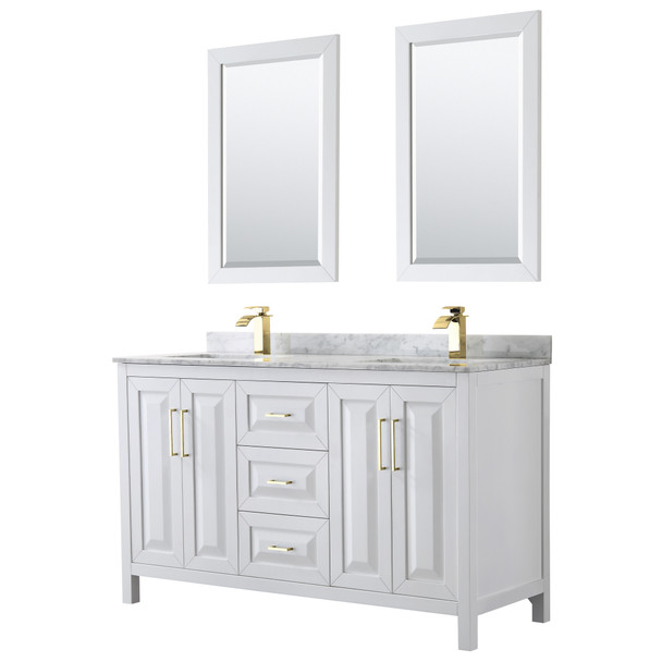 Daria 60 Inch Double Bathroom Vanity In White, White Carrara Marble Countertop, Undermount Square Sinks, 24 Inch Mirrors, Brushed Gold Trim