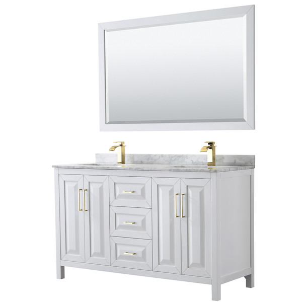 Daria 60 Inch Double Bathroom Vanity In White, White Carrara Marble Countertop, Undermount Square Sinks, 58 Inch Mirror, Brushed Gold Trim