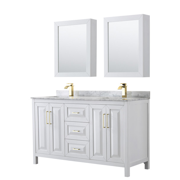 Daria 60 Inch Double Bathroom Vanity In White, White Carrara Marble Countertop, Undermount Square Sinks, Medicine Cabinets, Brushed Gold Trim