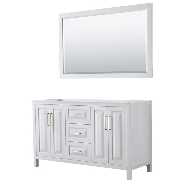 Daria 60 Inch Double Bathroom Vanity In White, No Countertop, No Sink, 58 Inch Mirror, Brushed Gold Trim