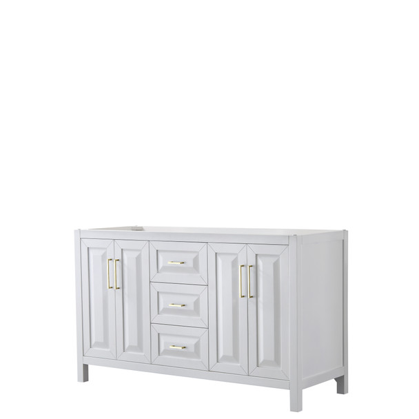 Daria 60 Inch Double Bathroom Vanity In White, No Countertop, No Sink, Brushed Gold Trim