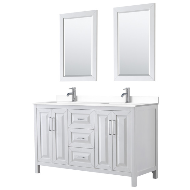 Daria 60 Inch Double Bathroom Vanity In White, White Cultured Marble Countertop, Undermount Square Sinks, 24 Inch Mirrors