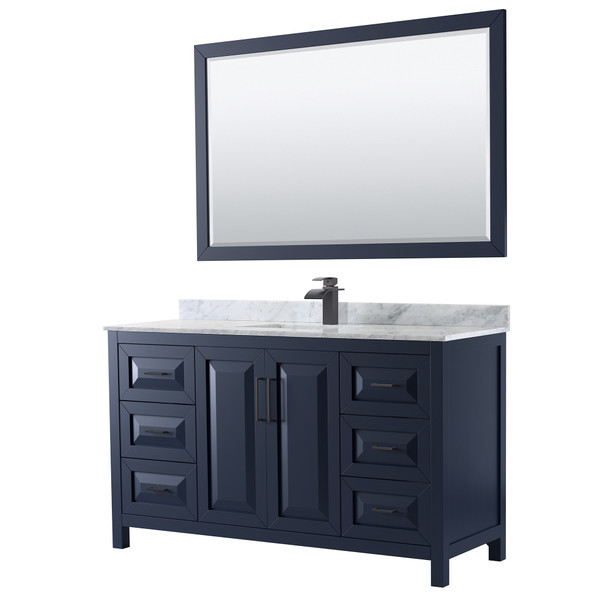 Daria 60 Inch Single Bathroom Vanity In Dark Blue, White Carrara Marble Countertop, Undermount Square Sink, Matte Black Trim, 58 Inch Mirror