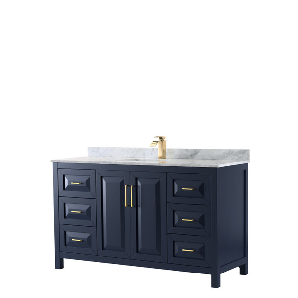 Daria 60 Inch Single Bathroom Vanity In Dark Blue, White Carrara Marble Countertop, Undermount Square Sink, No Mirror
