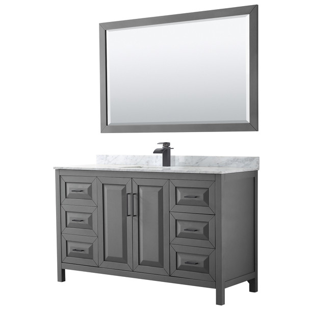 Daria 60 Inch Single Bathroom Vanity In Dark Gray, White Carrara Marble Countertop, Undermount Square Sink, Matte Black Trim, 58 Inch Mirror