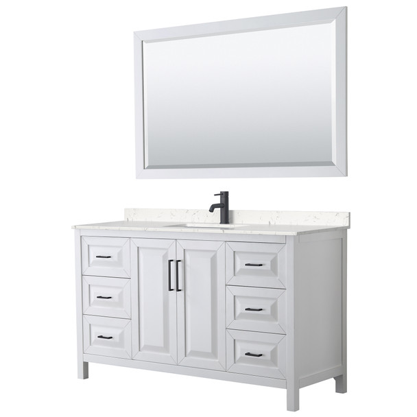 Daria 60 Inch Single Bathroom Vanity In White, Carrara Cultured Marble Countertop, Undermount Square Sink, Matte Black Trim, 58 Inch Mirror