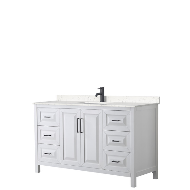 Daria 60 Inch Single Bathroom Vanity In White, Carrara Cultured Marble Countertop, Undermount Square Sink, Matte Black Trim