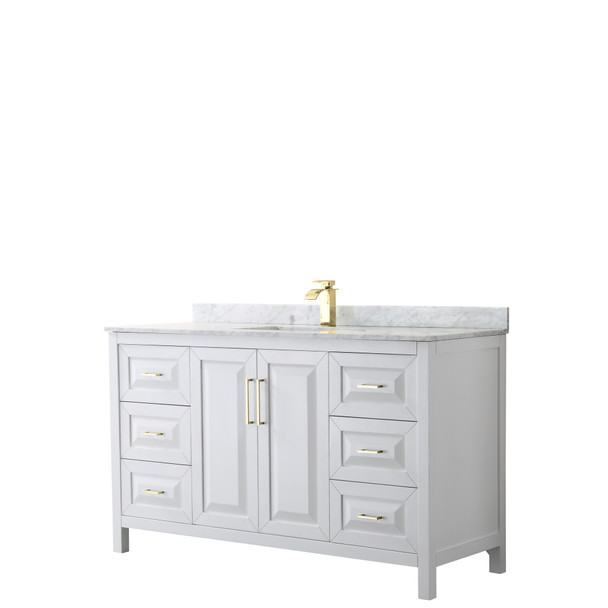 Daria 60 Inch Single Bathroom Vanity In White, White Carrara Marble Countertop, Undermount Square Sink, Brushed Gold Trim