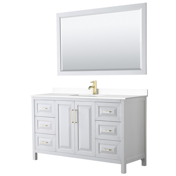 Daria 60 Inch Single Bathroom Vanity In White, White Cultured Marble Countertop, Undermount Square Sink, 58 Inch Mirror, Brushed Gold Trim