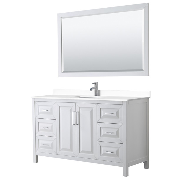 Daria 60 Inch Single Bathroom Vanity In White, White Cultured Marble Countertop, Undermount Square Sink, 58 Inch Mirror