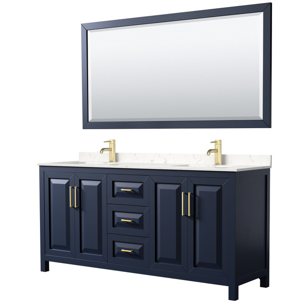 Daria 72 Inch Double Bathroom Vanity In Dark Blue, Carrara Cultured Marble Countertop, Undermount Square Sinks, 70 Inch Mirror