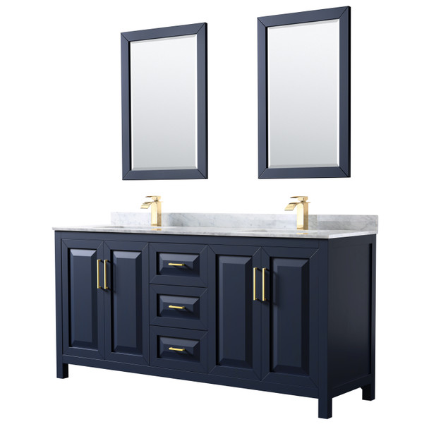 Daria 72 Inch Double Bathroom Vanity In Dark Blue, White Carrara Marble Countertop, Undermount Square Sinks, 24 Inch Mirrors