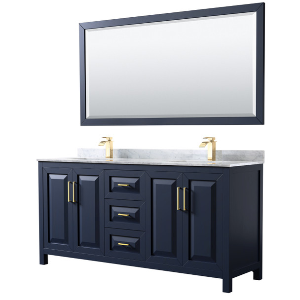 Daria 72 Inch Double Bathroom Vanity In Dark Blue, White Carrara Marble Countertop, Undermount Square Sinks, 70 Inch Mirror