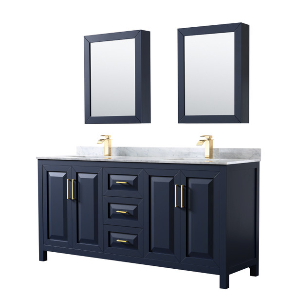 Daria 72 Inch Double Bathroom Vanity In Dark Blue, White Carrara Marble Countertop, Undermount Square Sinks, Medicine Cabinets