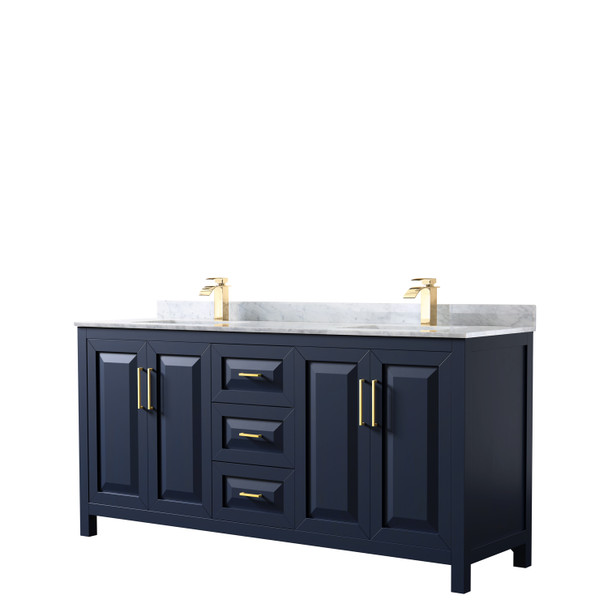 Daria 72 Inch Double Bathroom Vanity In Dark Blue, White Carrara Marble Countertop, Undermount Square Sinks, No Mirror