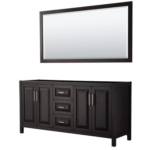 Daria 72 Inch Double Bathroom Vanity In Dark Espresso, No Countertop, No Sink, And 70 Inch Mirror