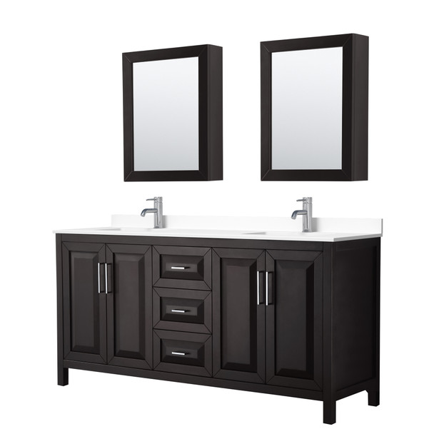 Daria 72 Inch Double Bathroom Vanity In Dark Espresso, White Cultured Marble Countertop, Undermount Square Sinks, Medicine Cabinets