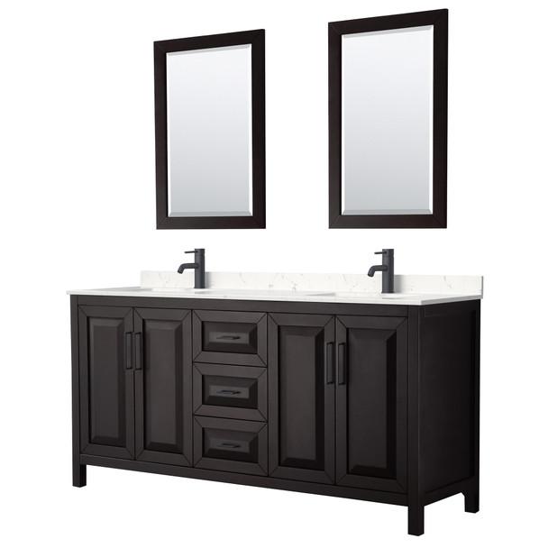 Daria 72 Inch Double Bathroom Vanity In Dark Espresso, Carrara Cultured Marble Countertop, Undermount Square Sinks, Matte Black Trim, 24 Inch Mirrors