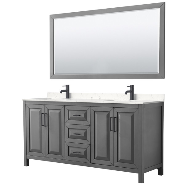 Daria 72 Inch Double Bathroom Vanity In Dark Gray, Carrara Cultured Marble Countertop, Undermount Square Sinks, Matte Black Trim, 70 Inch Mirror