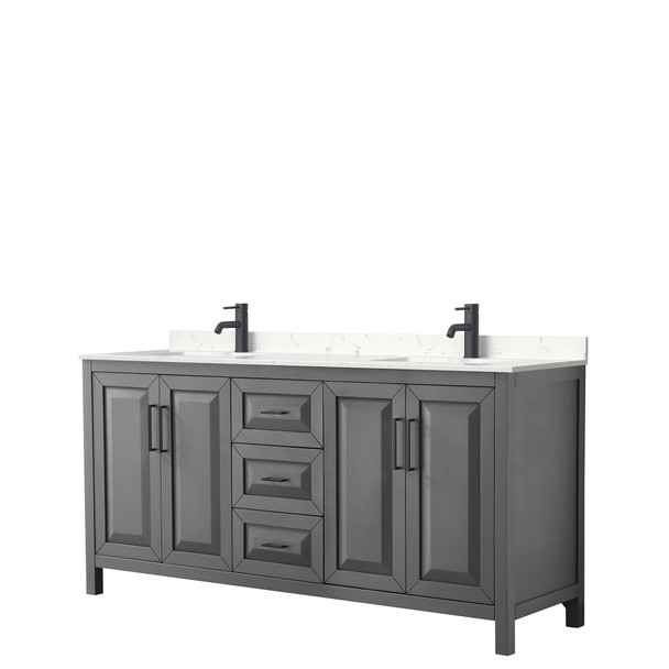 Daria 72 Inch Double Bathroom Vanity In Dark Gray, Carrara Cultured Marble Countertop, Undermount Square Sinks, Matte Black Trim