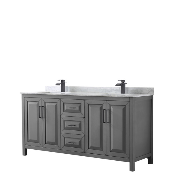 Daria 72 Inch Double Bathroom Vanity In Dark Gray, White Carrara Marble Countertop, Undermount Square Sinks, Matte Black Trim