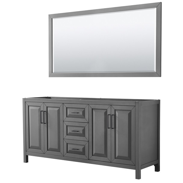 Daria 72 Inch Double Bathroom Vanity In Dark Gray, No Countertop, No Sink, Matte Black Trim, 70 Inch Mirror
