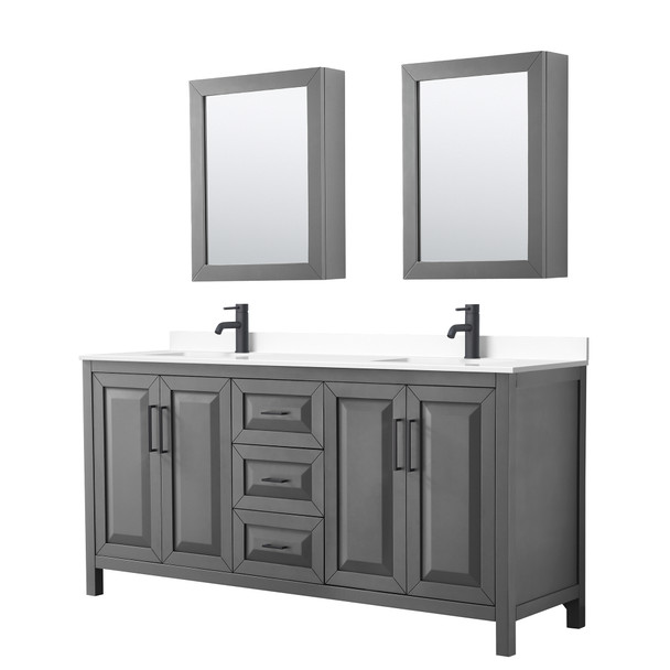 Daria 72 Inch Double Bathroom Vanity In Dark Gray, White Cultured Marble Countertop, Undermount Square Sinks, Matte Black Trim, Medicine Cabinets