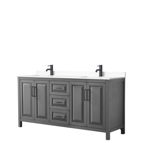 Daria 72 Inch Double Bathroom Vanity In Dark Gray, White Cultured Marble Countertop, Undermount Square Sinks, Matte Black Trim