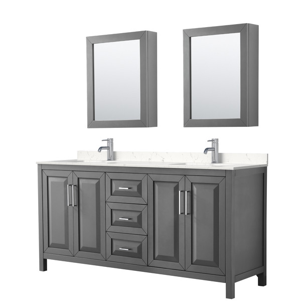 Daria 72 Inch Double Bathroom Vanity In Dark Gray, Carrara Cultured Marble Countertop, Undermount Square Sinks, Medicine Cabinets