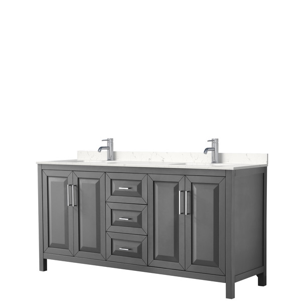 Daria 72 Inch Double Bathroom Vanity In Dark Gray, Carrara Cultured Marble Countertop, Undermount Square Sinks, No Mirror