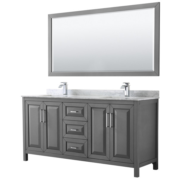 Daria 72 Inch Double Bathroom Vanity In Dark Gray, White Carrara Marble Countertop, Undermount Square Sinks, And 70 Inch Mirror