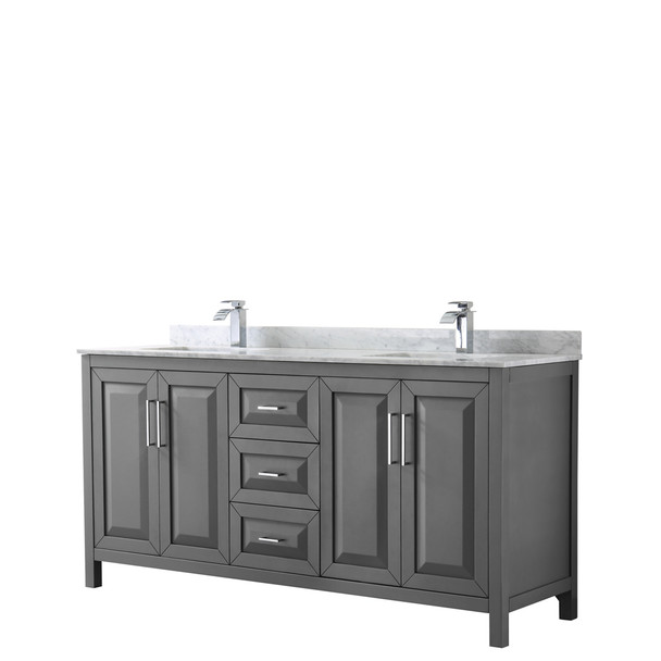 Daria 72 Inch Double Bathroom Vanity In Dark Gray, White Carrara Marble Countertop, Undermount Square Sinks, And No Mirror