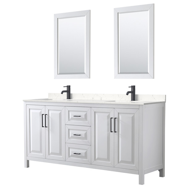 Daria 72 Inch Double Bathroom Vanity In White, Carrara Cultured Marble Countertop, Undermount Square Sinks, Matte Black Trim, 24 Inch Mirrors