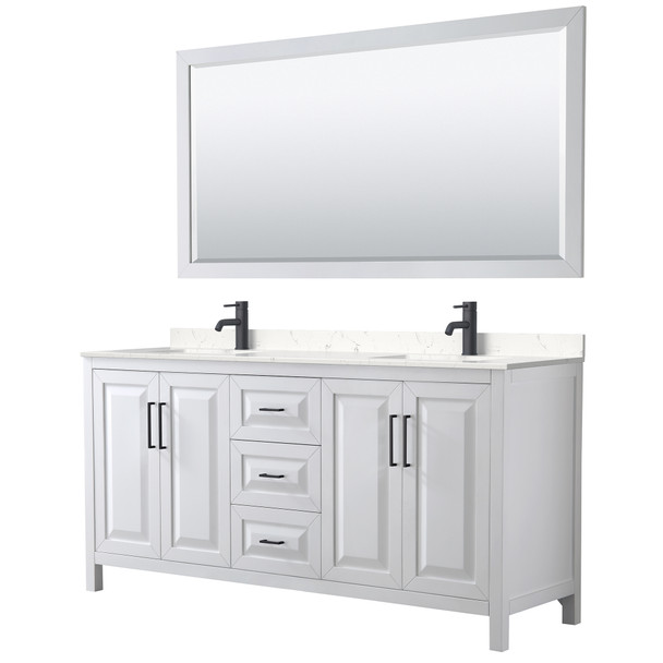 Daria 72 Inch Double Bathroom Vanity In White, Carrara Cultured Marble Countertop, Undermount Square Sinks, Matte Black Trim, 70 Inch Mirror