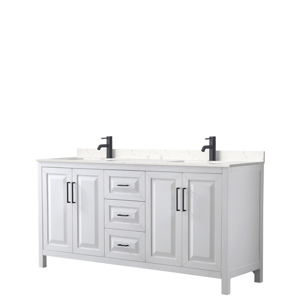 Daria 72 Inch Double Bathroom Vanity In White, Carrara Cultured Marble Countertop, Undermount Square Sinks, Matte Black Trim