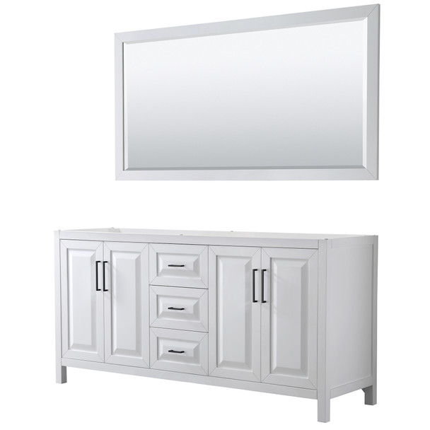 Daria 72 Inch Double Bathroom Vanity In White, No Countertop, No Sink, Matte Black Trim, 70 Inch Mirror