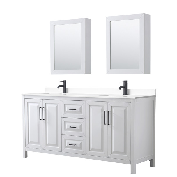 Daria 72 Inch Double Bathroom Vanity In White, White Cultured Marble Countertop, Undermount Square Sinks, Matte Black Trim, Medicine Cabinets