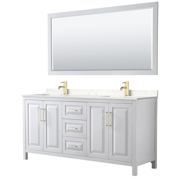 Daria 72 Inch Double Bathroom Vanity In White, Carrara Cultured Marble Countertop, Undermount Square Sinks, 70 Inch Mirror, Brushed Gold Trim