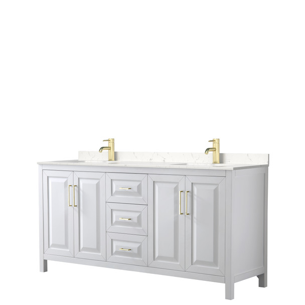 Daria 72 Inch Double Bathroom Vanity In White, Carrara Cultured Marble Countertop, Undermount Square Sinks, Brushed Gold Trim