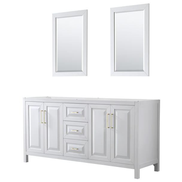 Daria 72 Inch Double Bathroom Vanity In White, No Countertop, No Sink, 24 Inch Mirrors, Brushed Gold Trim