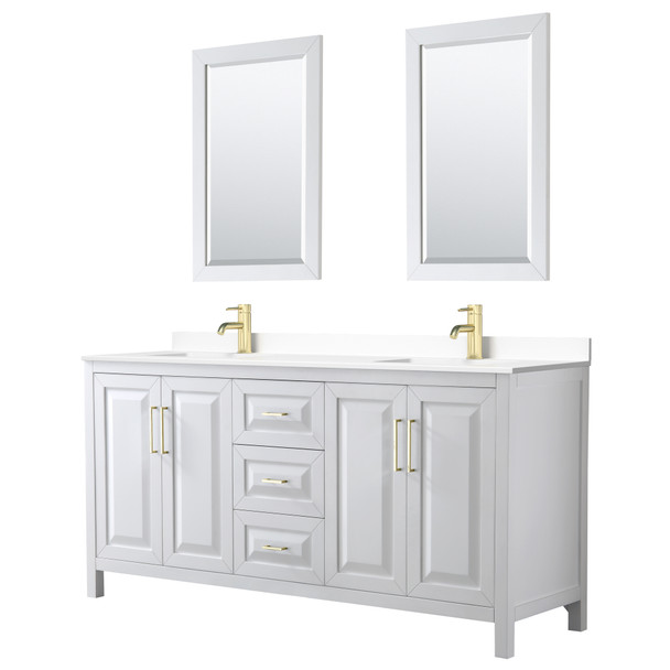 Daria 72 Inch Double Bathroom Vanity In White, White Cultured Marble Countertop, Undermount Square Sinks, 24 Inch Mirrors, Brushed Gold Trim