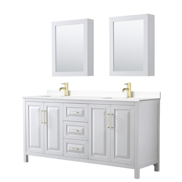 Daria 72 Inch Double Bathroom Vanity In White, White Cultured Marble Countertop, Undermount Square Sinks, Medicine Cabinets, Brushed Gold Trim