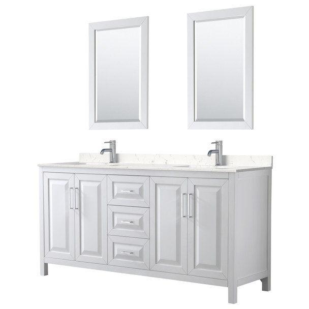 Daria 72 Inch Double Bathroom Vanity In White, Carrara Cultured Marble Countertop, Undermount Square Sinks, 24 Inch Mirrors