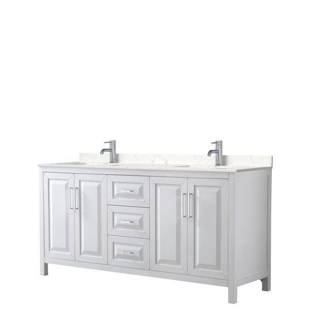 Daria 72 Inch Double Bathroom Vanity In White, Carrara Cultured Marble Countertop, Undermount Square Sinks, No Mirror