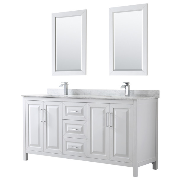 Daria 72 Inch Double Bathroom Vanity In White, White Carrara Marble Countertop, Undermount Square Sinks, And 24 Inch Mirrors