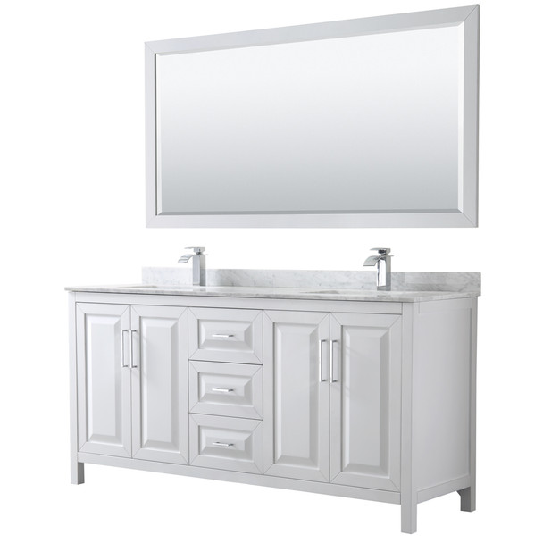 Daria 72 Inch Double Bathroom Vanity In White, White Carrara Marble Countertop, Undermount Square Sinks, And 70 Inch Mirror